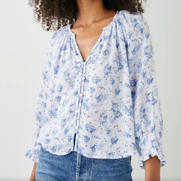 Rails Mariah Top Blue blossoms linen blouse button front - Picture 1 of 12